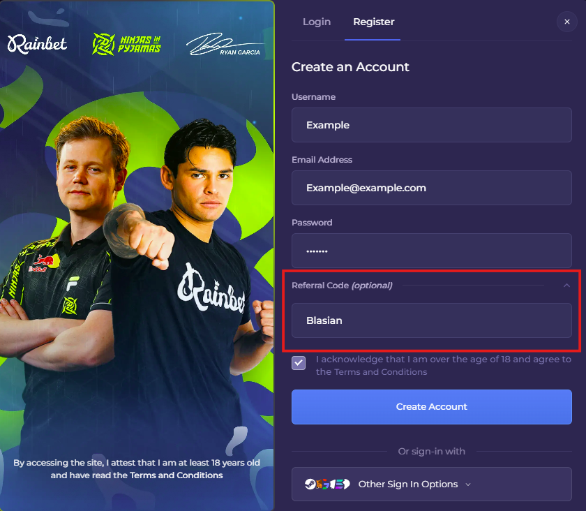 Rainbet signup showing where to enter code Blasian